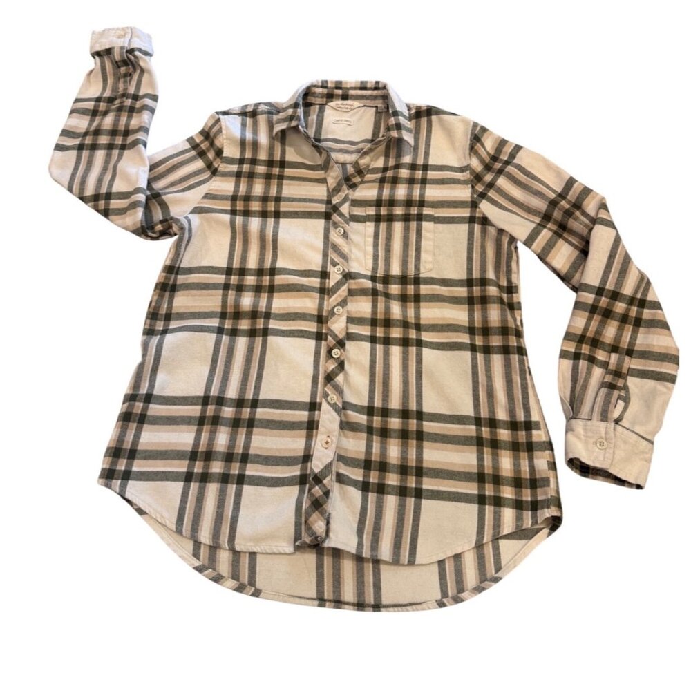 Weatherproof Vintage Womens Plaid Comfort Stretch Button-Up Shirt Beige/Green Si